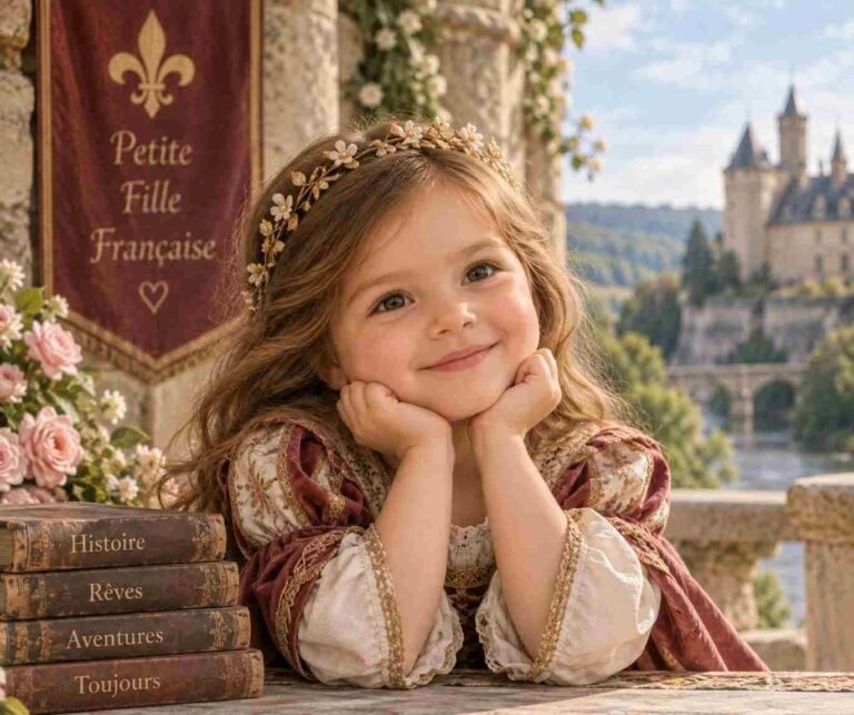 Little French Princess in a Castle Courtyard