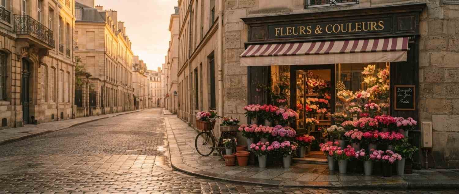 A cobbled Paris street at golden hour with a flower shop, Fleurs & Couleurs